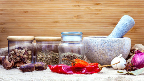 Close-up of various ingredients on table