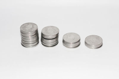 High angle view of coins