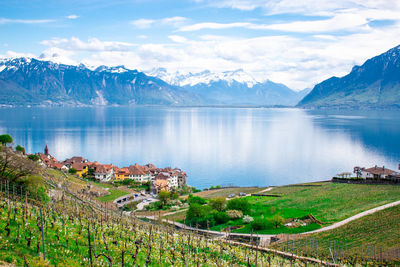 Scenic view of lake and mountains against sky