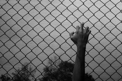 Person hand seen through chainlink fence
