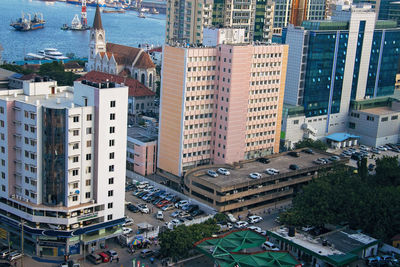 High angle view of buildings in city