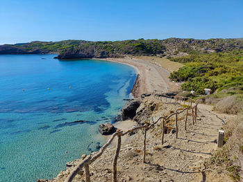 Scenic view of sea against clear blue sky