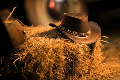 Close-up of cowboy hat on hay at farm