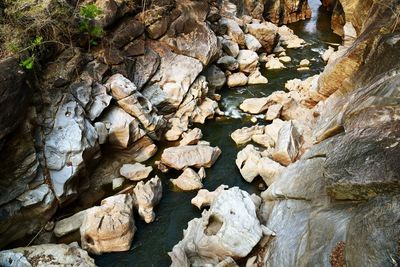 High angle view of rocks on shore