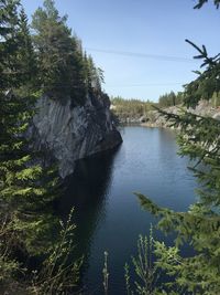 Scenic view of lake in forest against sky