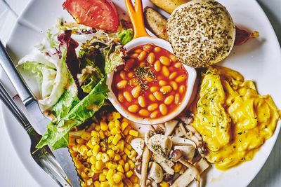 High angle view of food served in plate