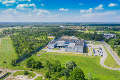 Aerial view of goods warehouse. logistics center in industrial city zone from above. aerial view