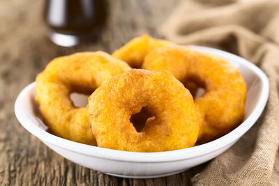 High angle view of bread in bowl on table