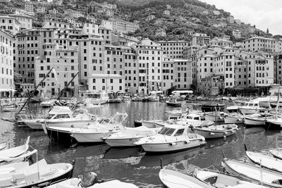 Boats moored in harbor against buildings in city