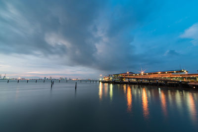 Scenic view of river against cloudy sky