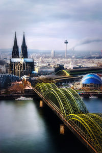 Bridge over river in city against sky. panorama of the cologne city. 