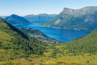 Scenic view of lake and mountains against sky