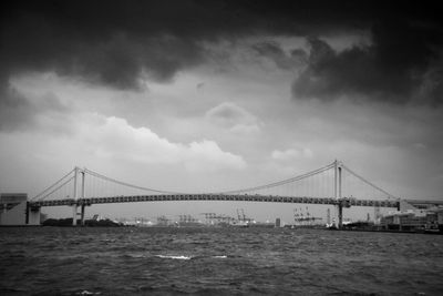 Suspension bridge over sea against cloudy sky