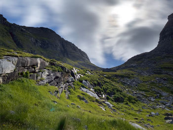 Scenic view of mountains against sky in lofoten 