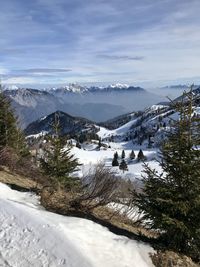 Scenic view of snow covered mountains against sky