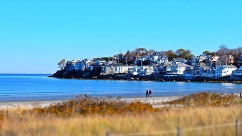 Scenic view of beach against clear blue sky