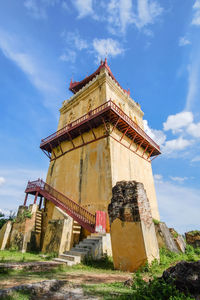 Low angle view of temple building against sky