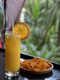 Close-up of drink served on table
