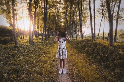 Rear view of woman standing in forest