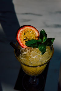 Close-up of drink served on table