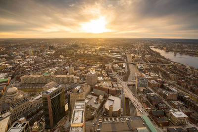 High angle view of cityscape against sky during sunset