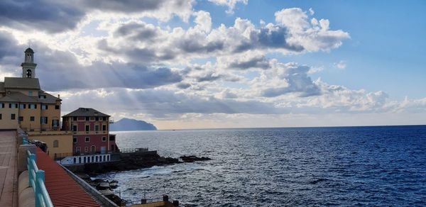 Panoramic view of buildings by sea against sky