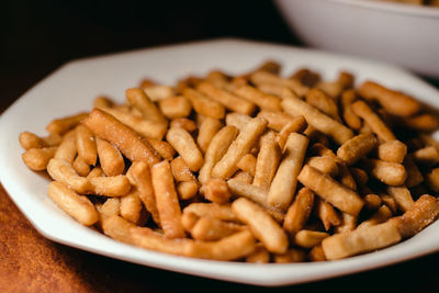 Close-up of pasta in plate on table