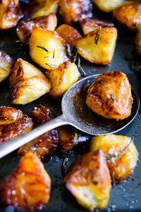 High angle close-up of roasted potatoes