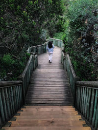 Rear view of woman moving down on steps amidst trees