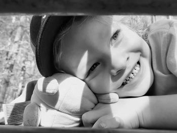 High angle view of young boy looking away