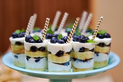 Close-up of fruits in plate on table