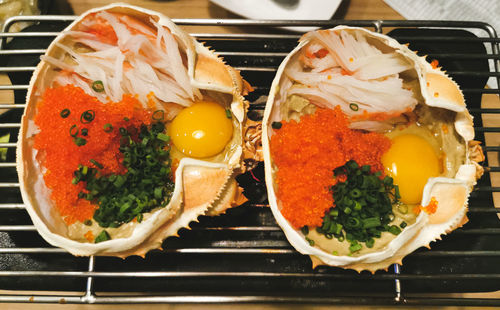 High angle view of food in plate on table