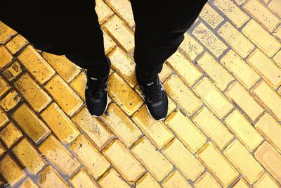 Low section of man standing on cobblestone