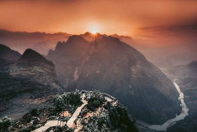 View of mountain range during sunset