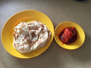 High angle view of breakfast in plate on table