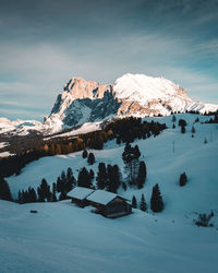 Scenic view of snow covered mountains against sky