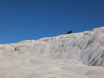 Low angle view of rock formations against clear blue sky