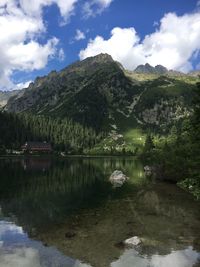 Scenic view of lake and mountains against sky