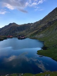 Scenic view of lake and mountains against sky