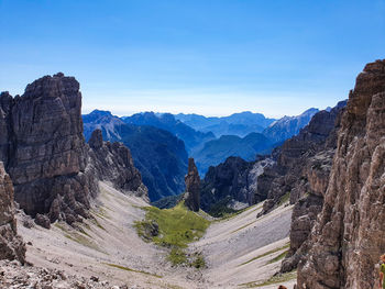 Panoramic view of mountains against blue sky