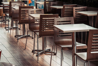 Empty chairs and tables in restaurant