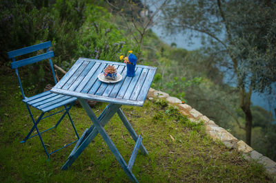 High angle view of chair and table