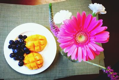 Close-up of fruits in plate on table