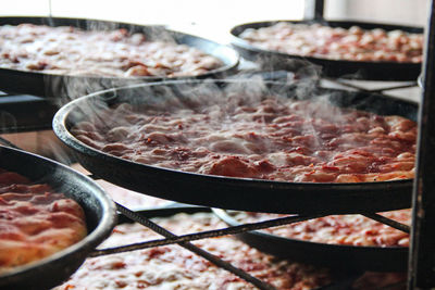 Close-up of meat in cooking pan