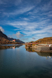 Lake surrounded by himalayan mountain with pristine water reflection isolated view