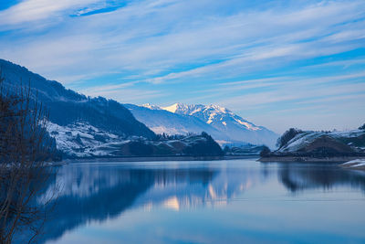 Scenic view of lake by snowcapped mountains against sky
