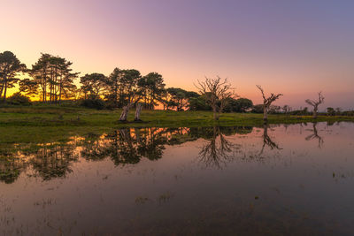 Scenic view of lake against sky at sunset