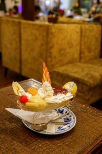 Close-up of dessert in plate on table