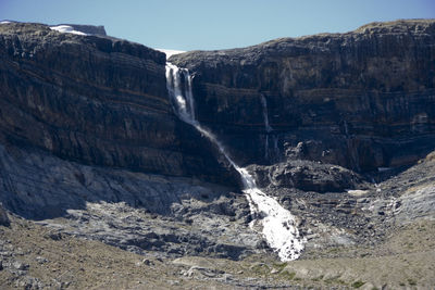 Scenic view of waterfall against sky during winter