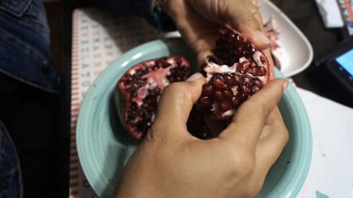 High angle view of people having food